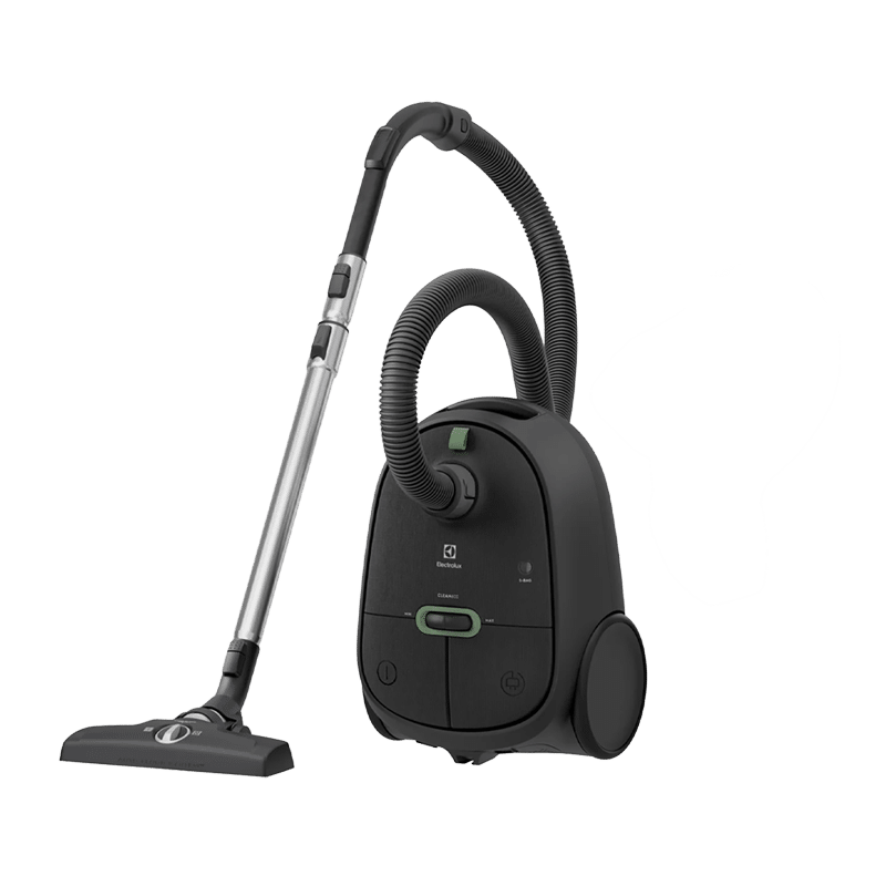 Canister vacuum cleaner with a long wand and round wheels on black body, ready for cleaning floors and carpets.