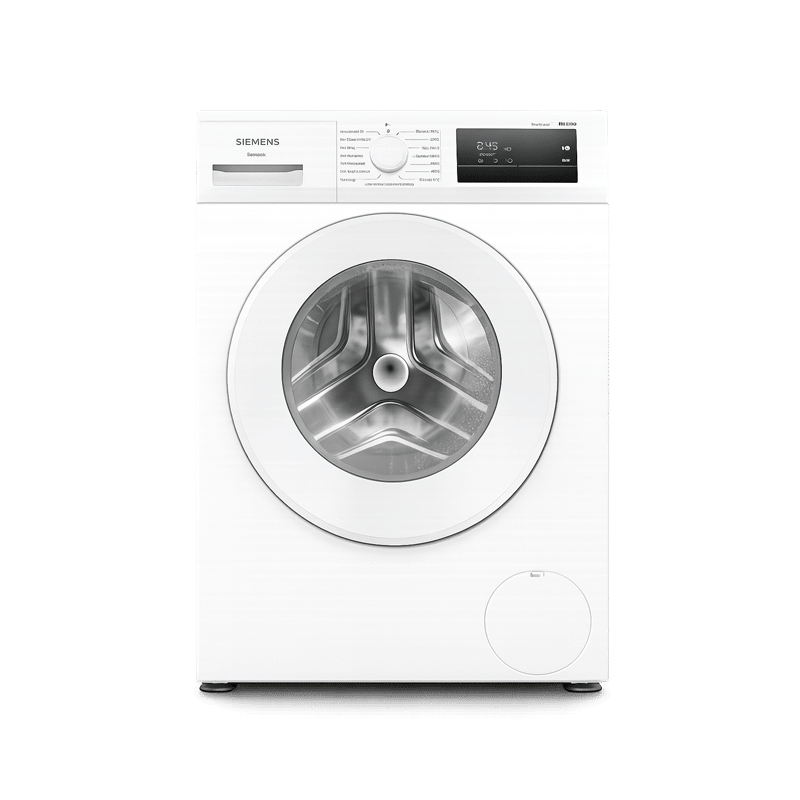 White front-loading washing machine with a large circular door and top control panel.