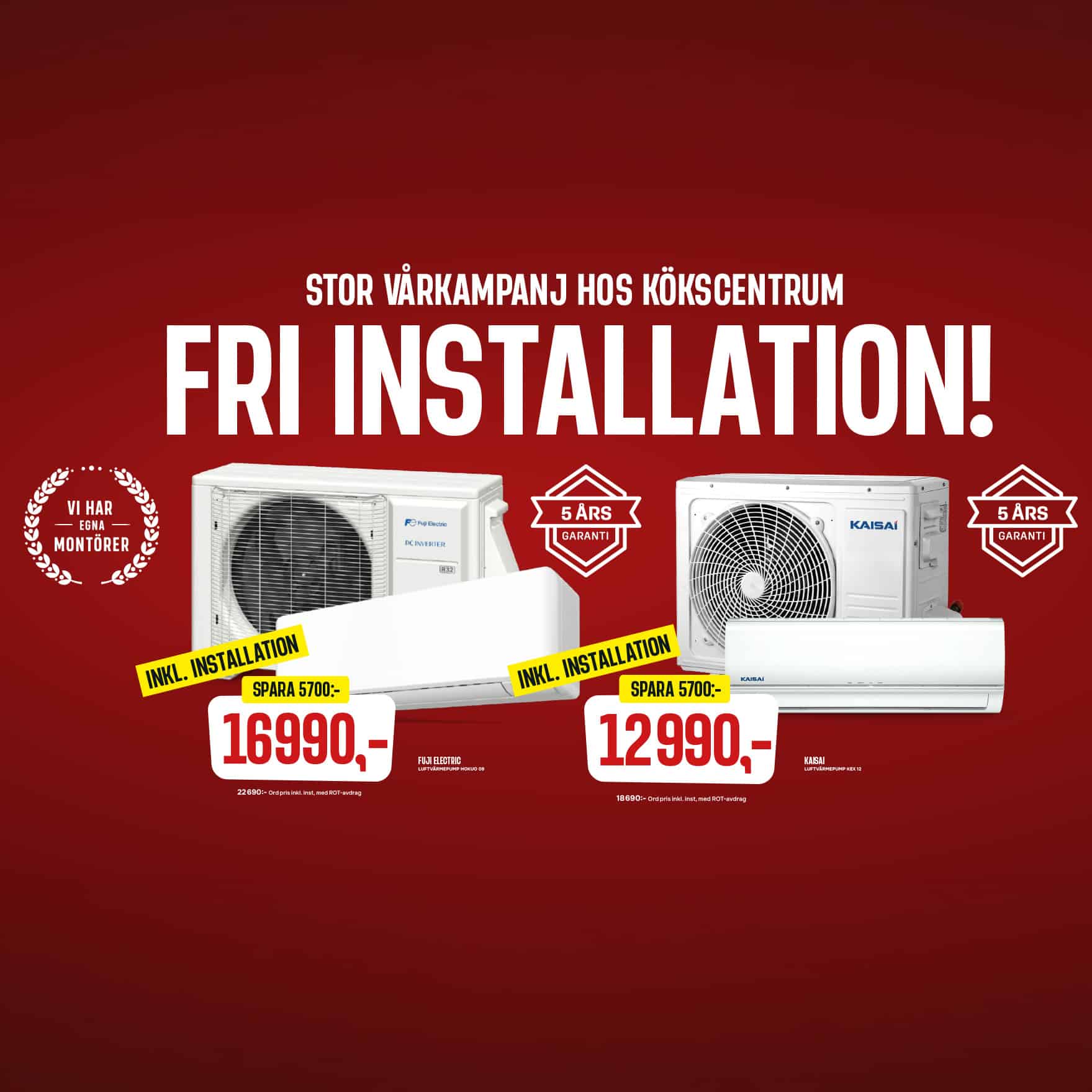 Red sale banner advertising free installation for air conditioners showing two white outdoor units and large FRI INSTALLATION text