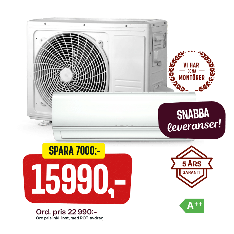 Split air conditioner on sale with outdoor and indoor units, price 15,990, 5-year warranty, A++ energy rating.